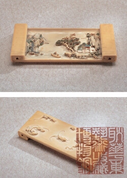清早期 象牙雕花草虫山水双面墨床